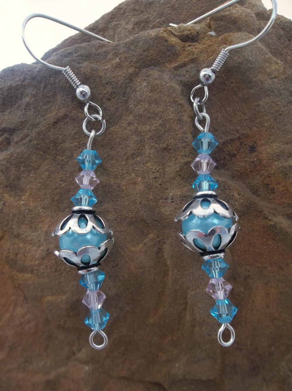 Teal Pearls and Swarovksi Crystals Earrings