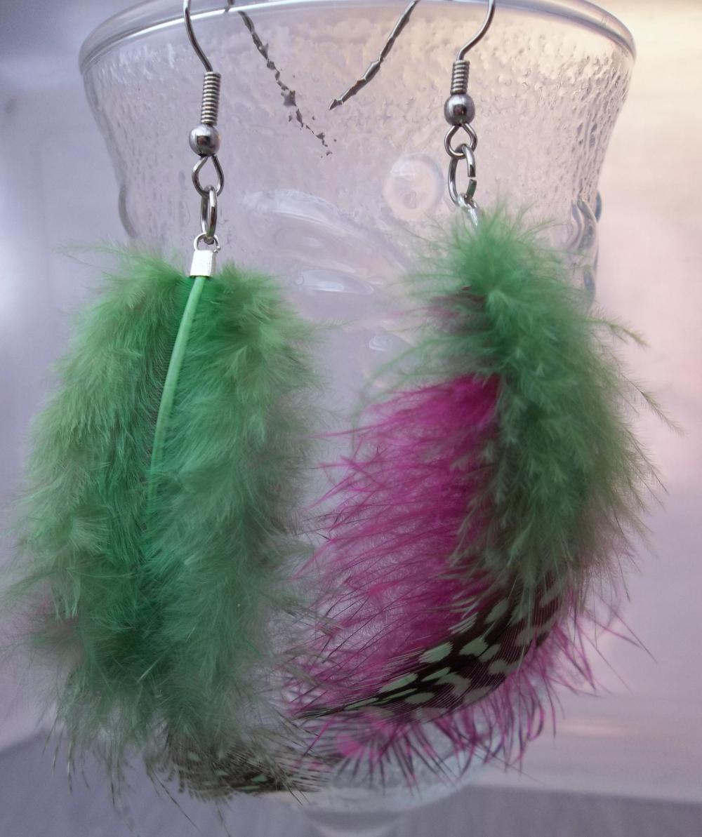 Bright Green and Hot Pink feather earrings