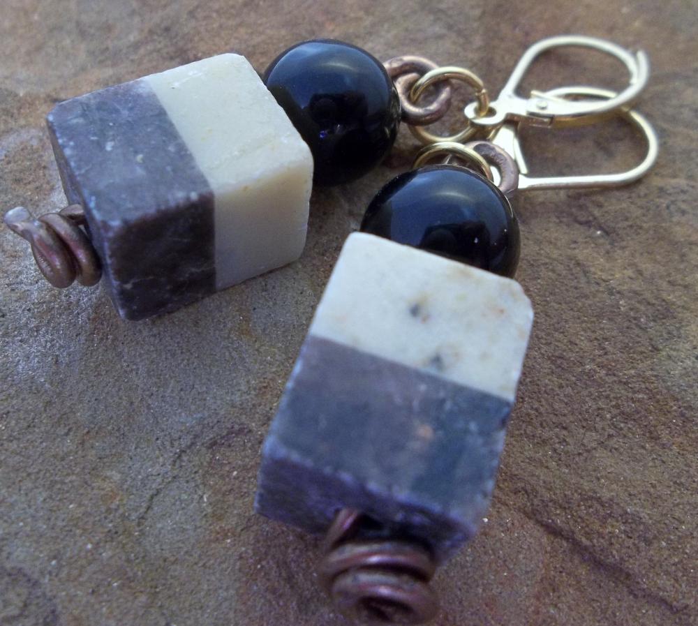 Black and White Square Stone and Wire Earrings