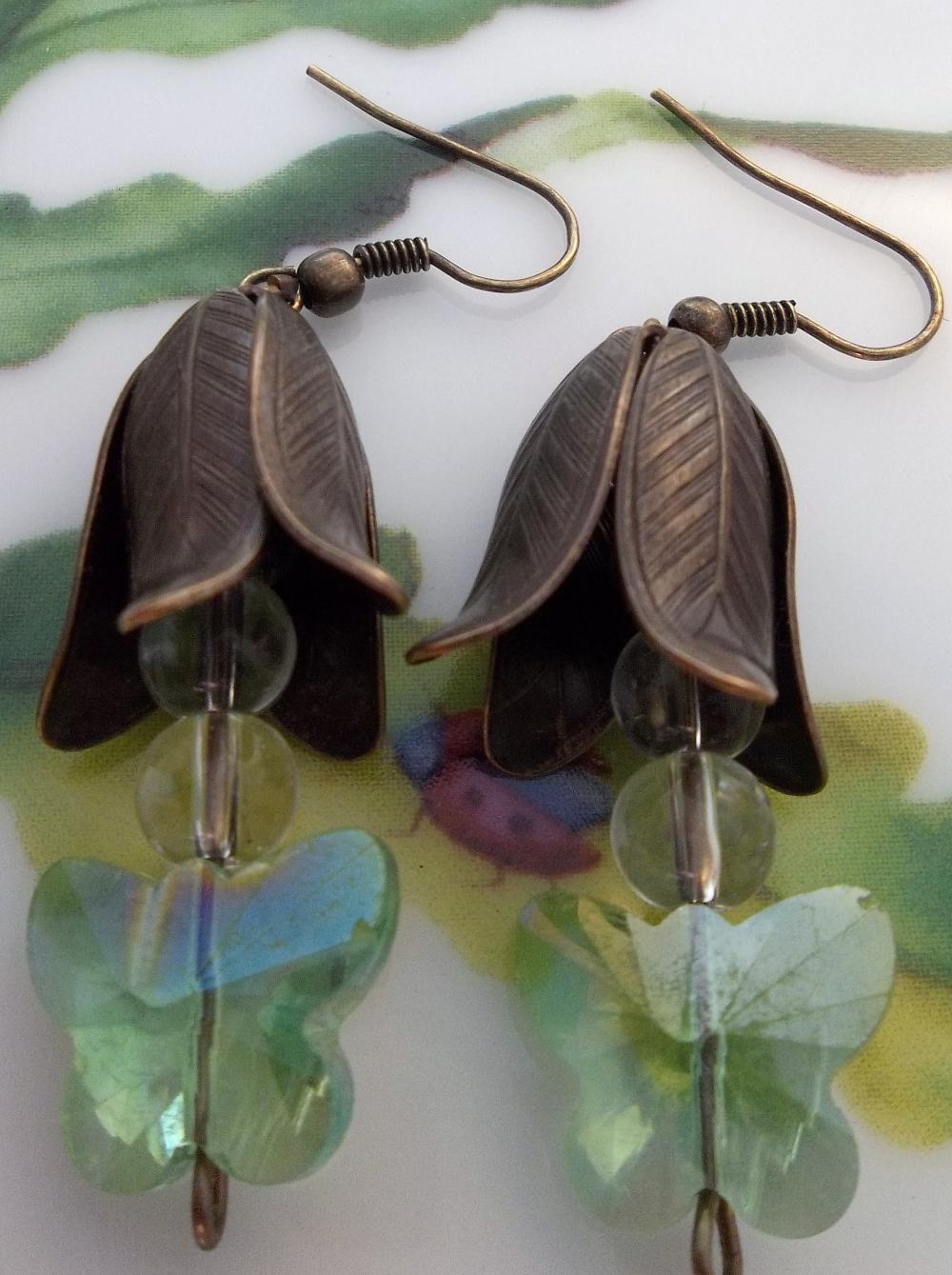 Vintaj Tulips and Green Butterflies Earrings