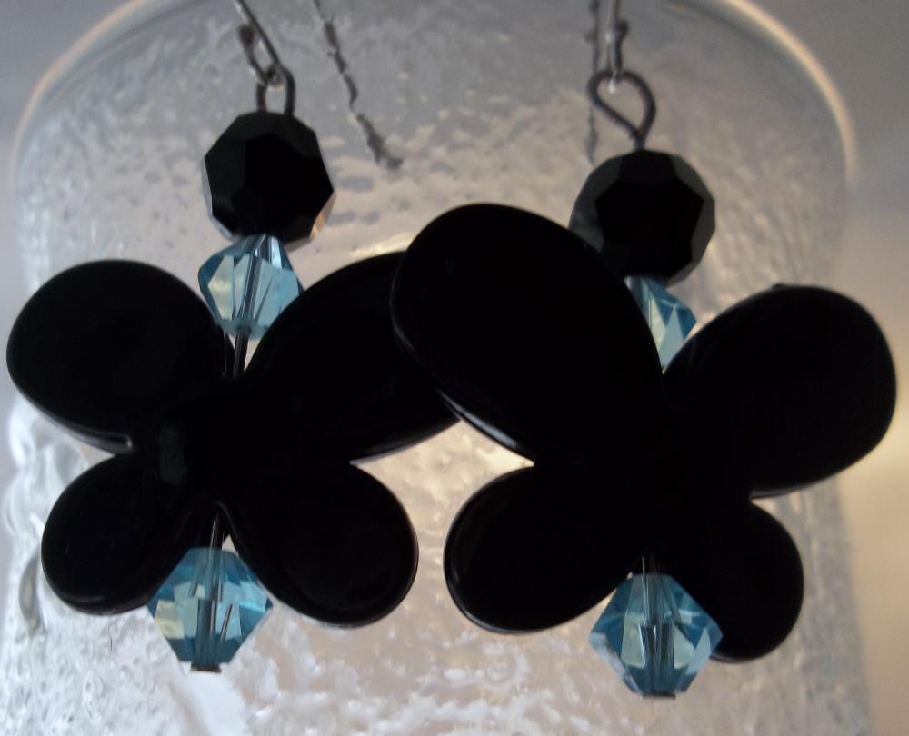 Black Butterfly with teal bead accents earrings