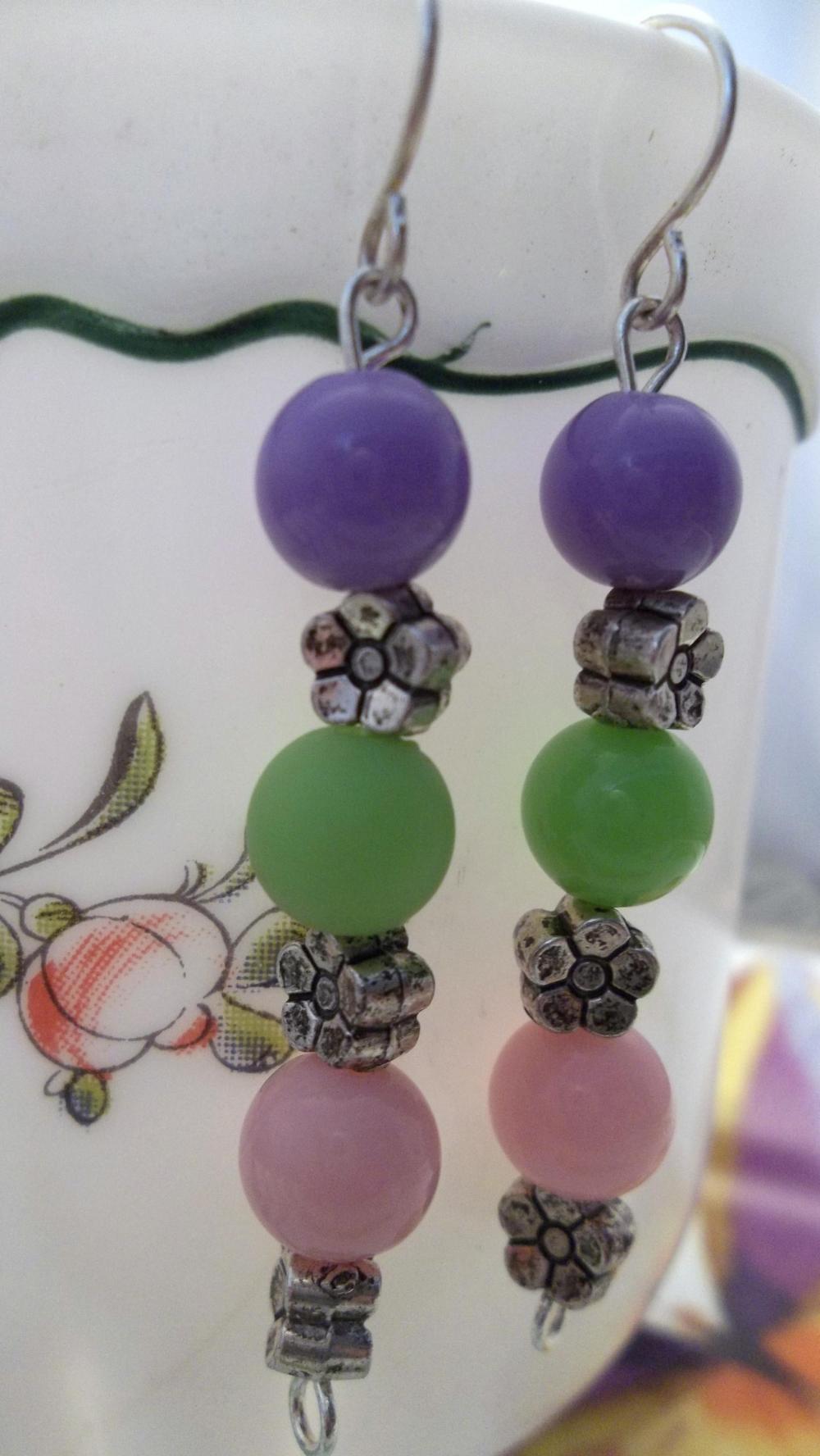 Purple, green, and Pink Beaded Earrings
