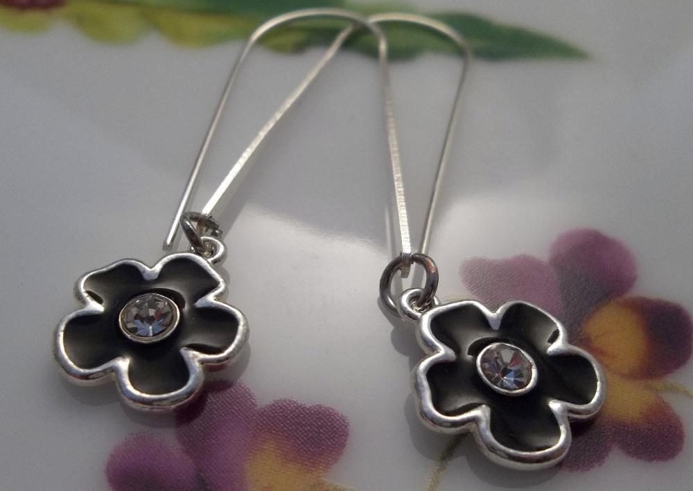 Black Flower and Rhinestone earrings